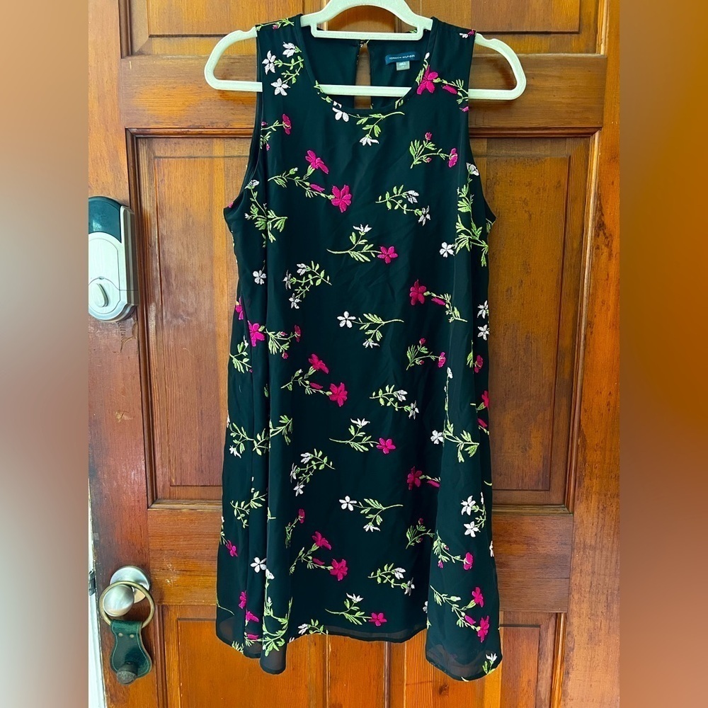 Tommy Hilfiger Black Floral Embroidered Dress Midi Cocktail Party Work Wear Boho